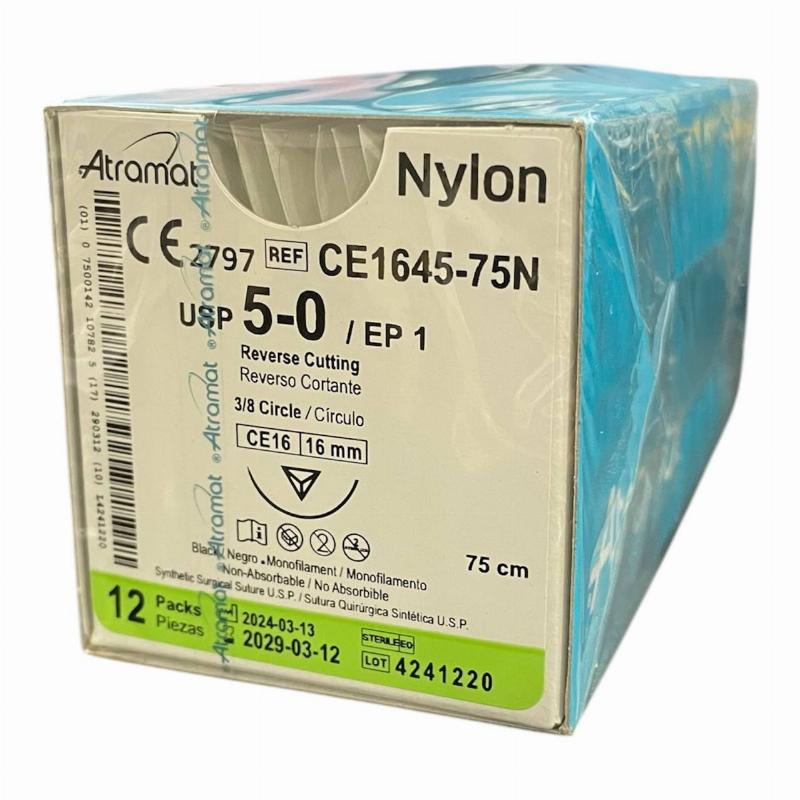 Нейлон (поліамід) монофіламент, чорний, не розсмоктується USP 5-0 (EP1) зі зворотн.-ріж. голкою 16мм, 3/8кола, довж. нитки 75см